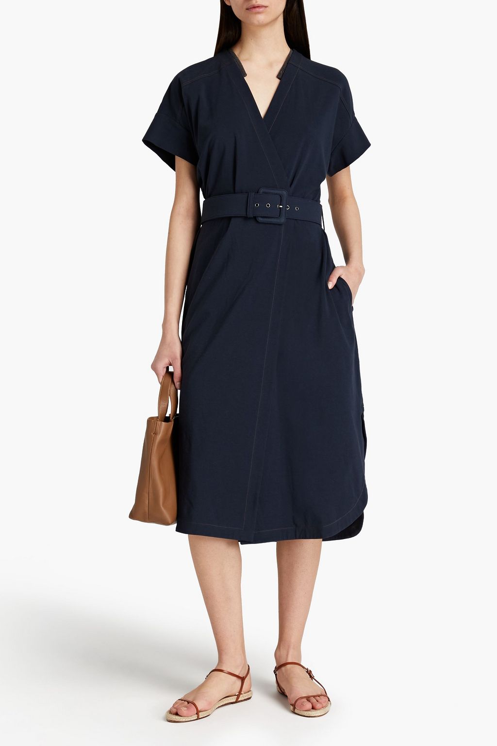 BRUNELLO CUCINELLI Belted embellished cotton-blend jersey midi wrap dress