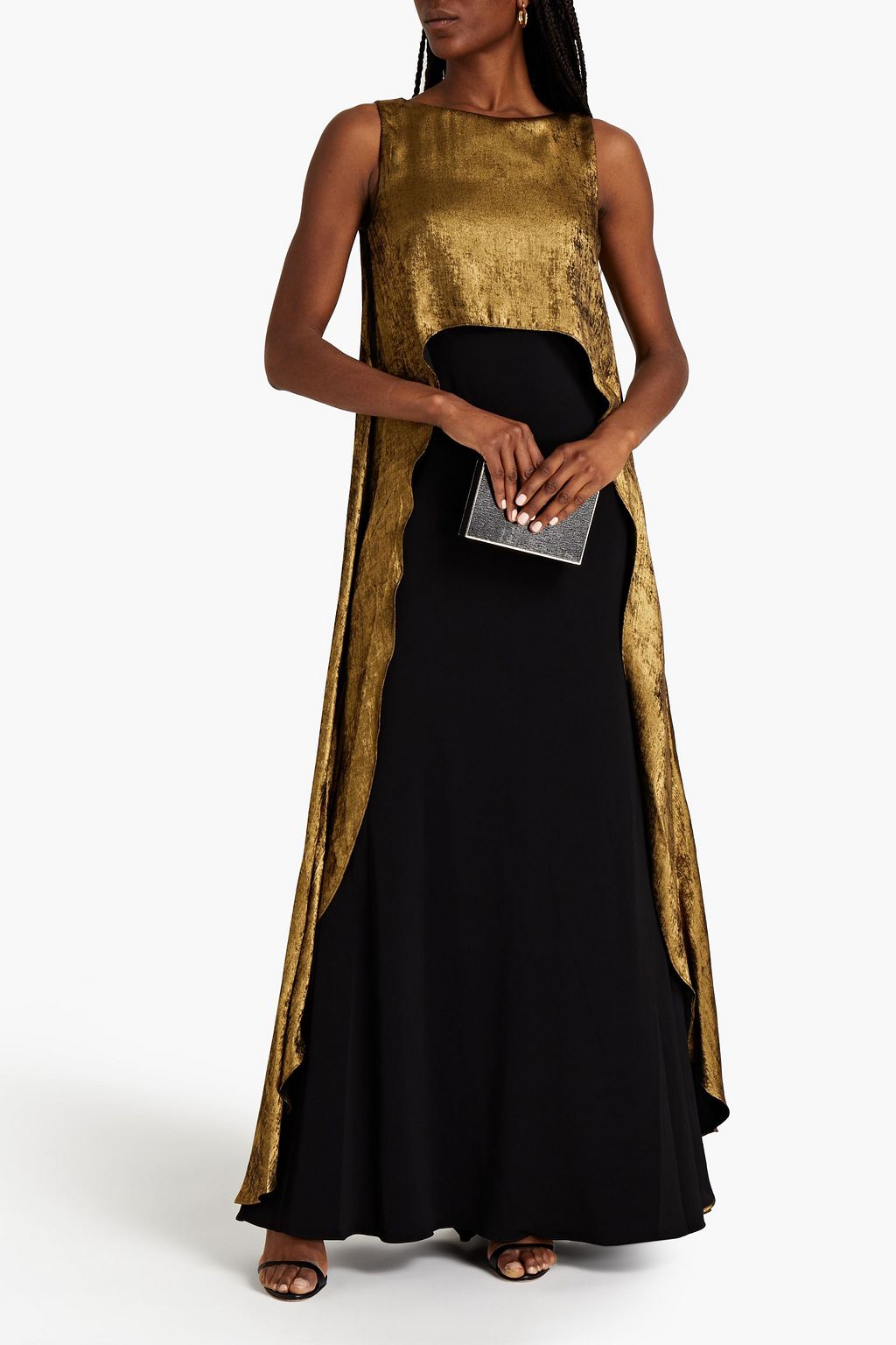 BADGLEY MISCHKA Layered lamé and crepe gown