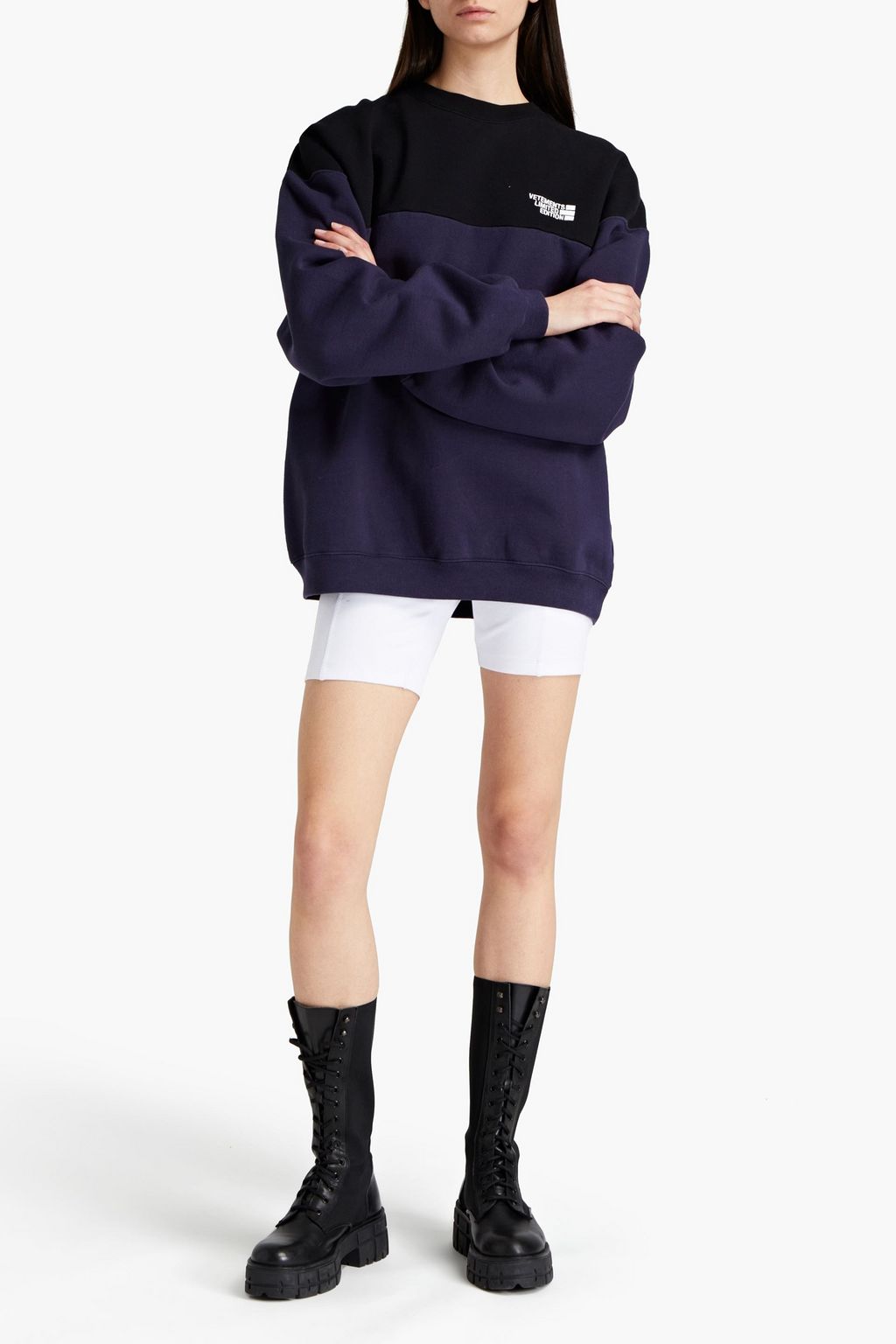 VETEMENTS Embroidered  two-tone cotton-blend fleece sweatshirt