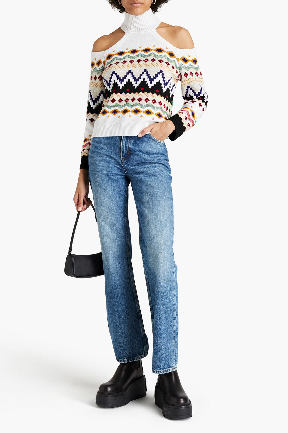 Alice And Olivia Cold-shoulder Intarsia Wool-blend Turtleneck Jumper In Multi