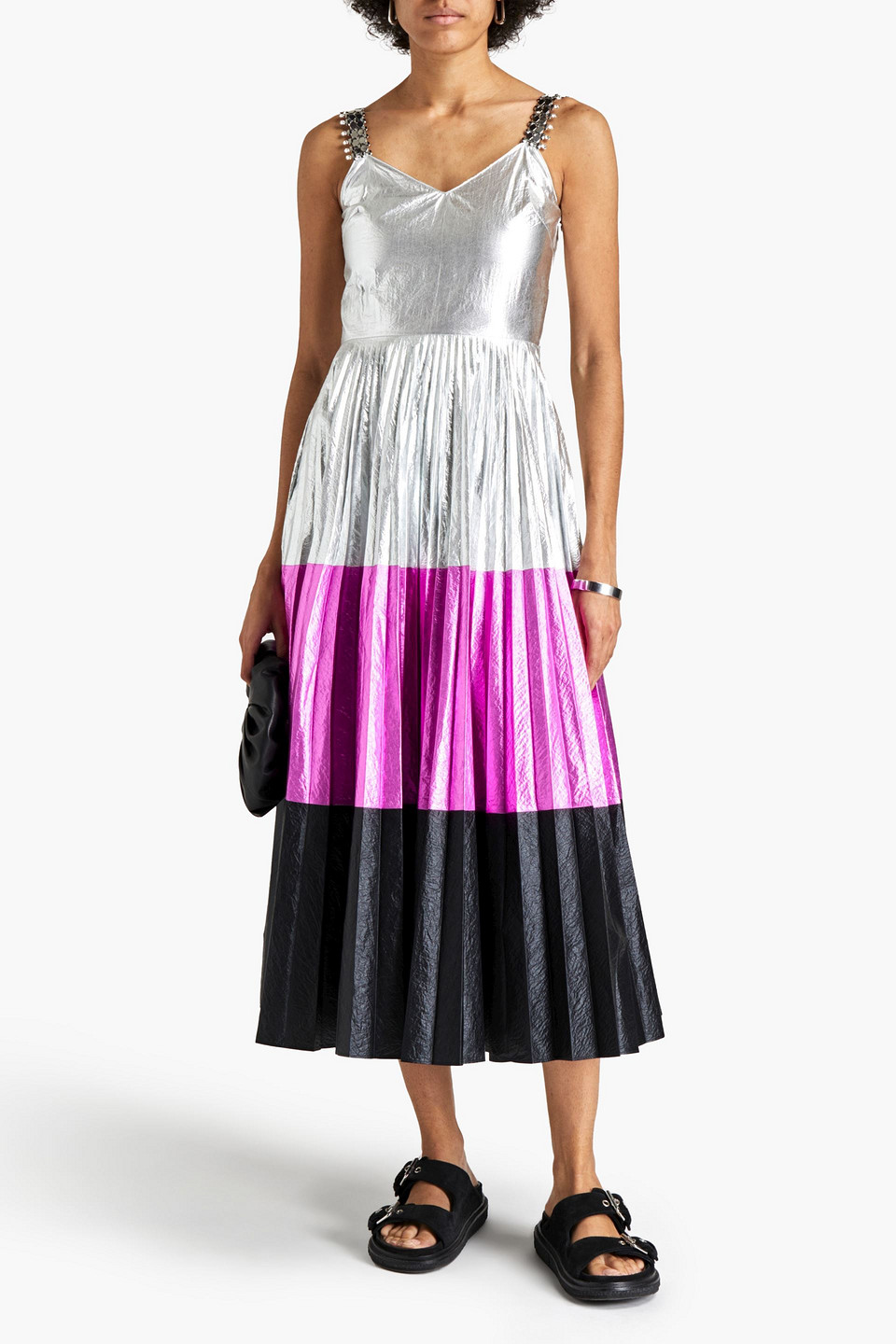 Christopher Kane Embellished Metallic Colour-block Crinkled-shell Midi Dress