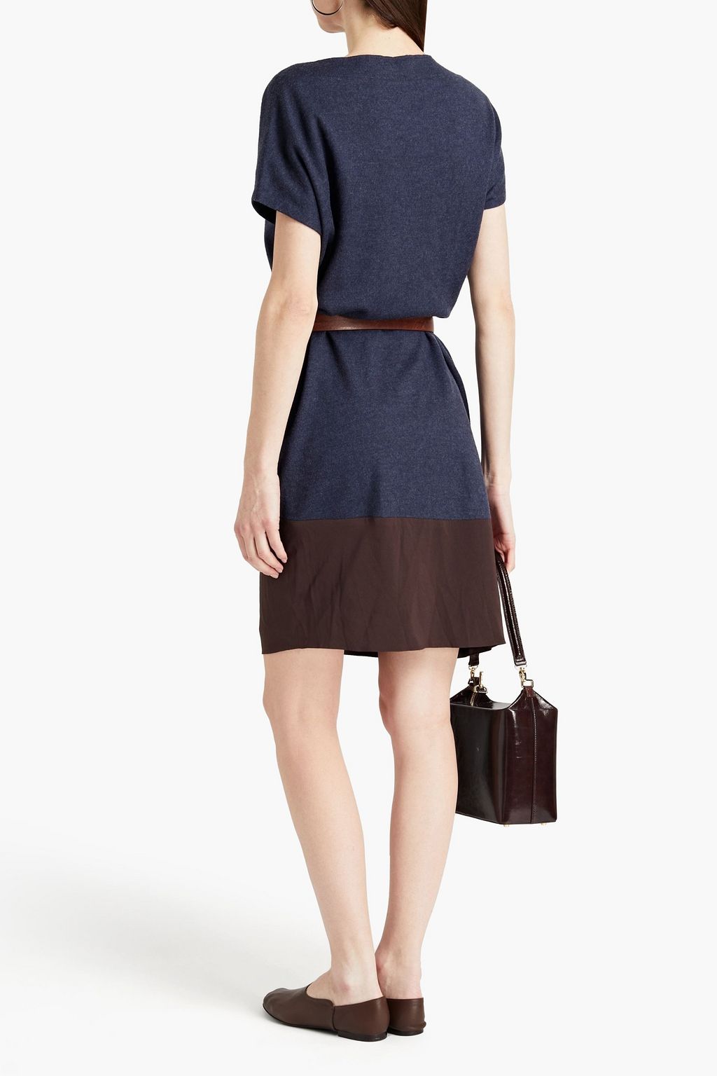 BRUNELLO CUCINELLI Chiffon-paneled belted wool-flannel mini dress