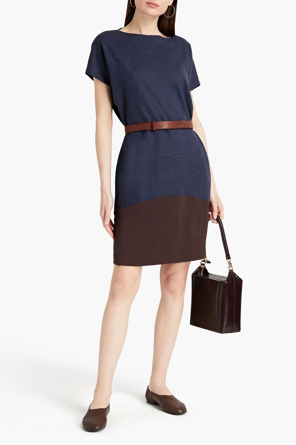 BRUNELLO CUCINELLI Chiffon-paneled belted wool-flannel mini dress