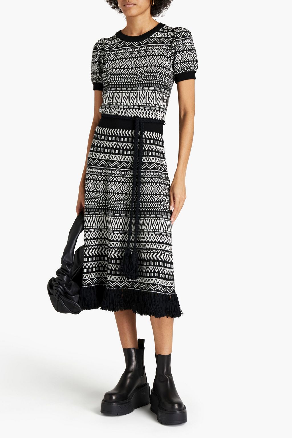ALICE + OLIVIA Belted tasseled intarsia wool-blend midi dress