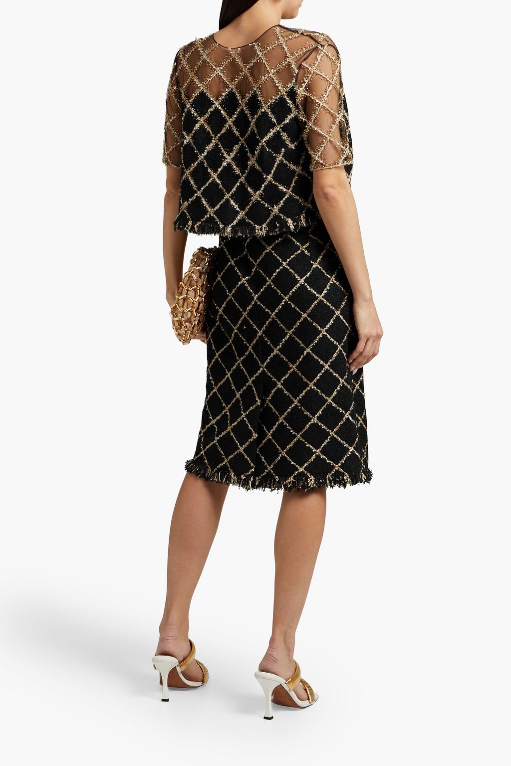 OSCAR DE LA RENTA Embellished taffeta-paneled metallic checked tweed dress and jacket set