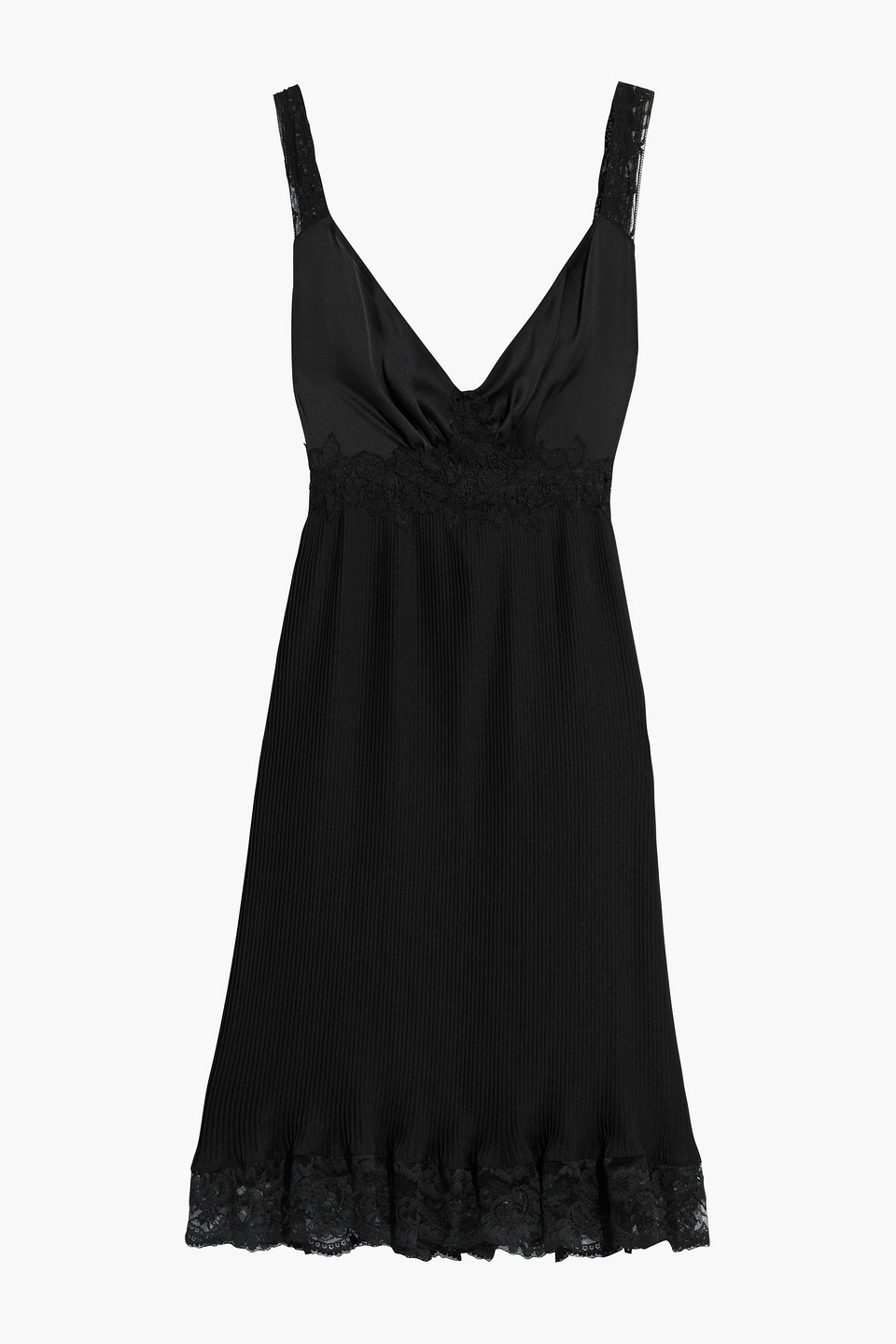 rabanne - lace-trimmed satin-paneled pleated crepe slip dress - black - fr 40