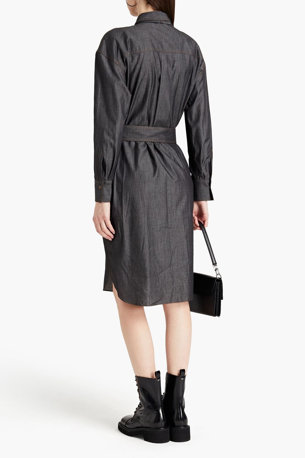 BRUNELLO CUCINELLI Belted tie-neck embellished denim shirt dress