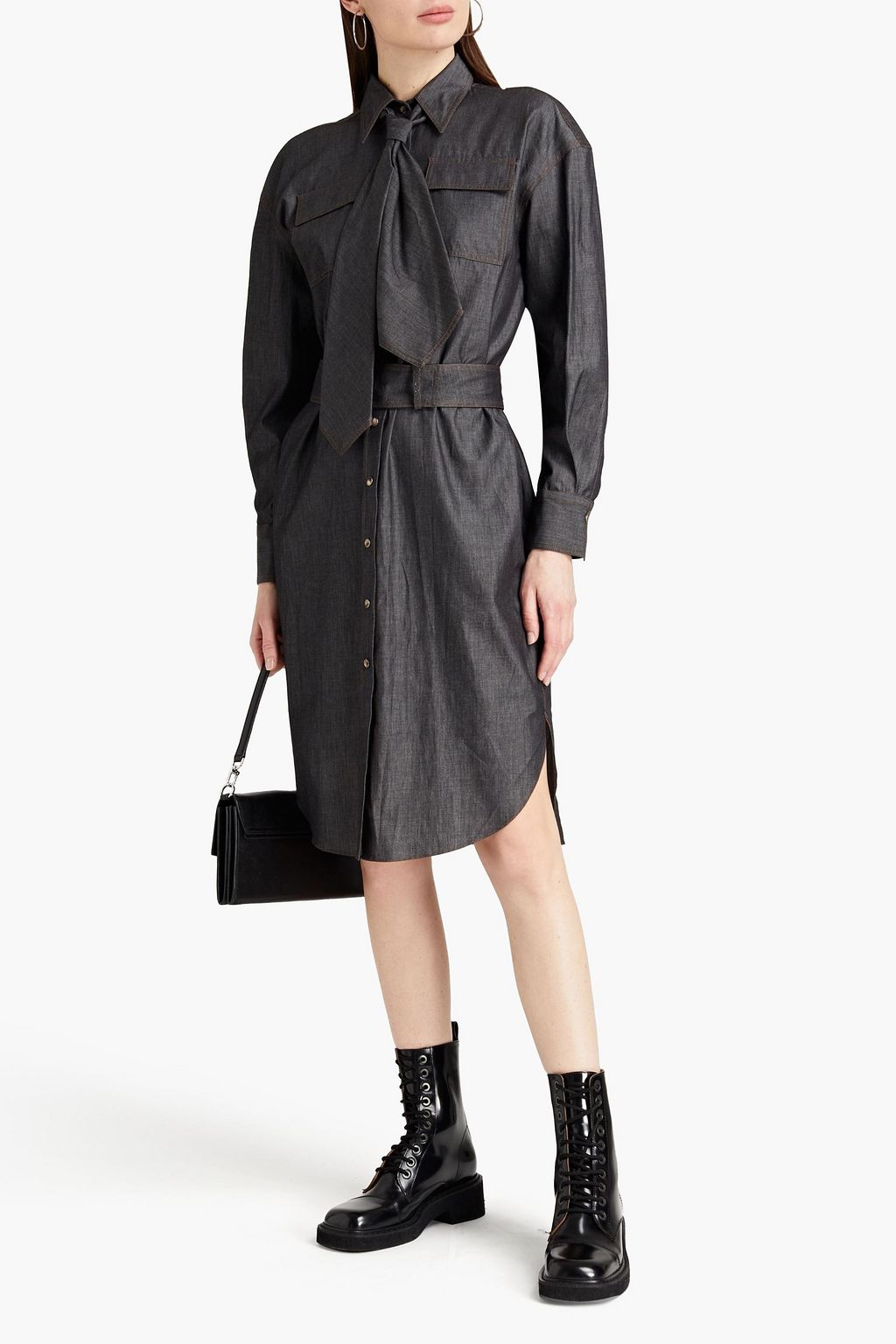 BRUNELLO CUCINELLI Belted tie-neck embellished denim shirt dress