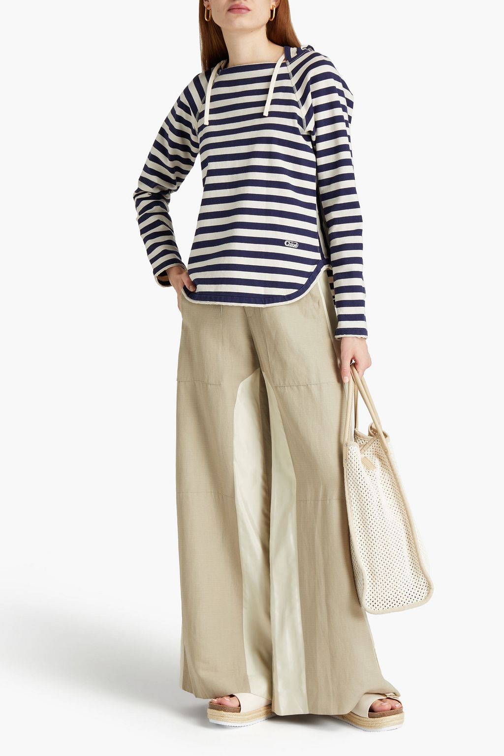 CHLOÉ Satin twill-paneled cotton and linen-blend jacquard wide-leg pants