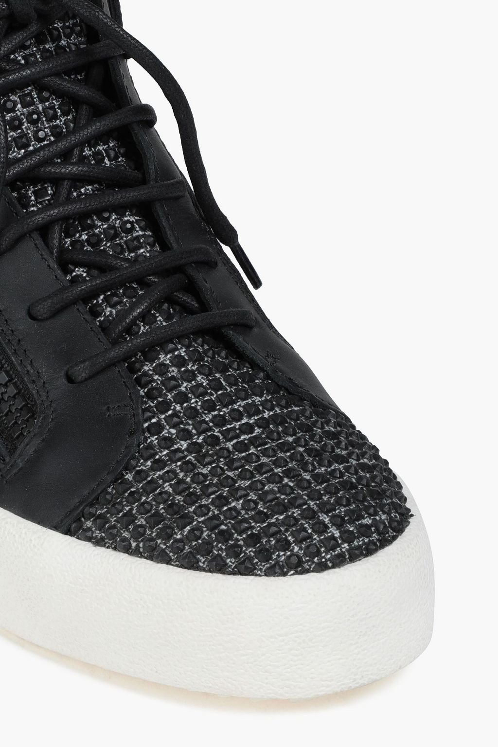 GIUSEPPE ZANOTTI Studded tweed and leather high-top sneakers
