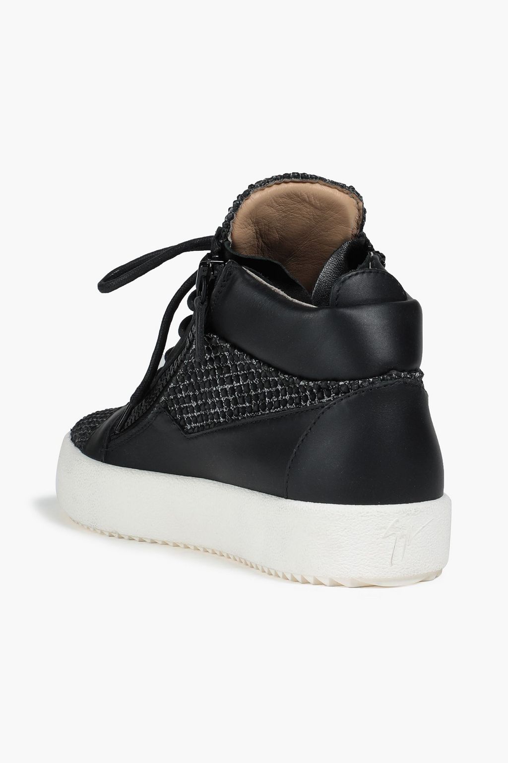 GIUSEPPE ZANOTTI Studded tweed and leather high-top sneakers