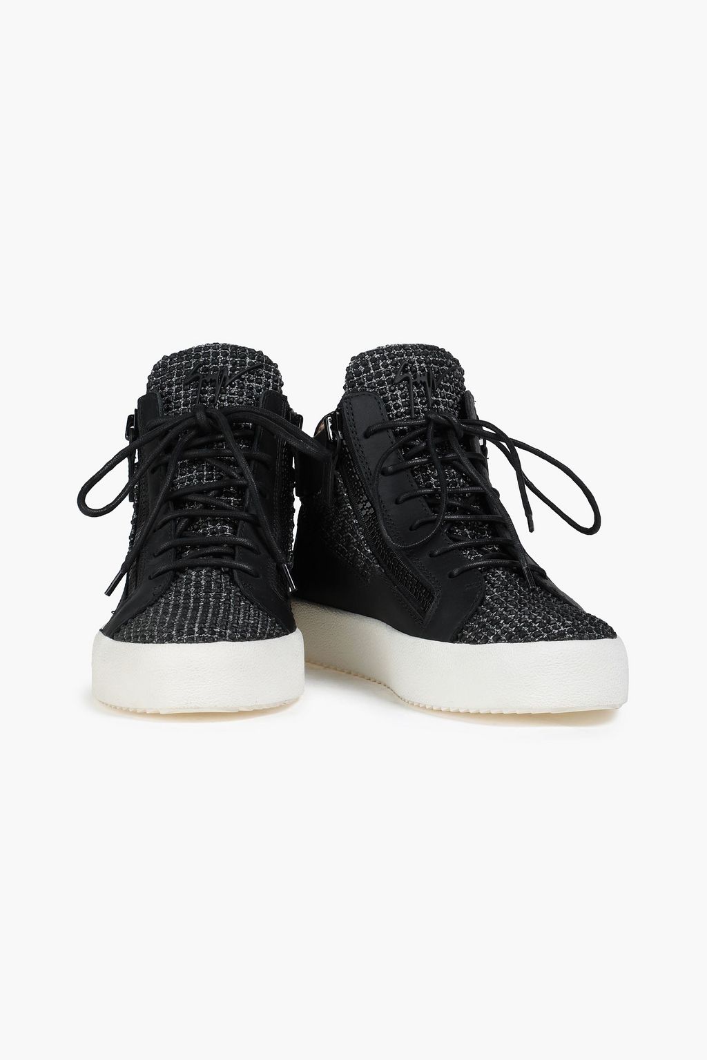 GIUSEPPE ZANOTTI Studded tweed and leather high-top sneakers