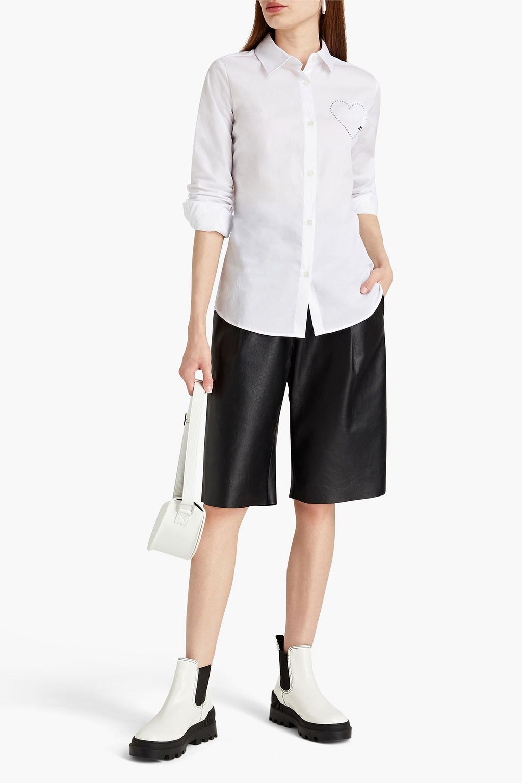 LOVE MOSCHINO Crystal-embellished printed stretch-cotton poplin shirt