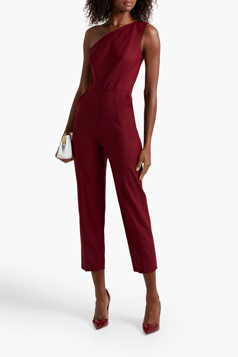 Oscar De La Renta Cropped One-shoulder Tulle-paneled Wool-blend Twill Jumpsuit In Claret