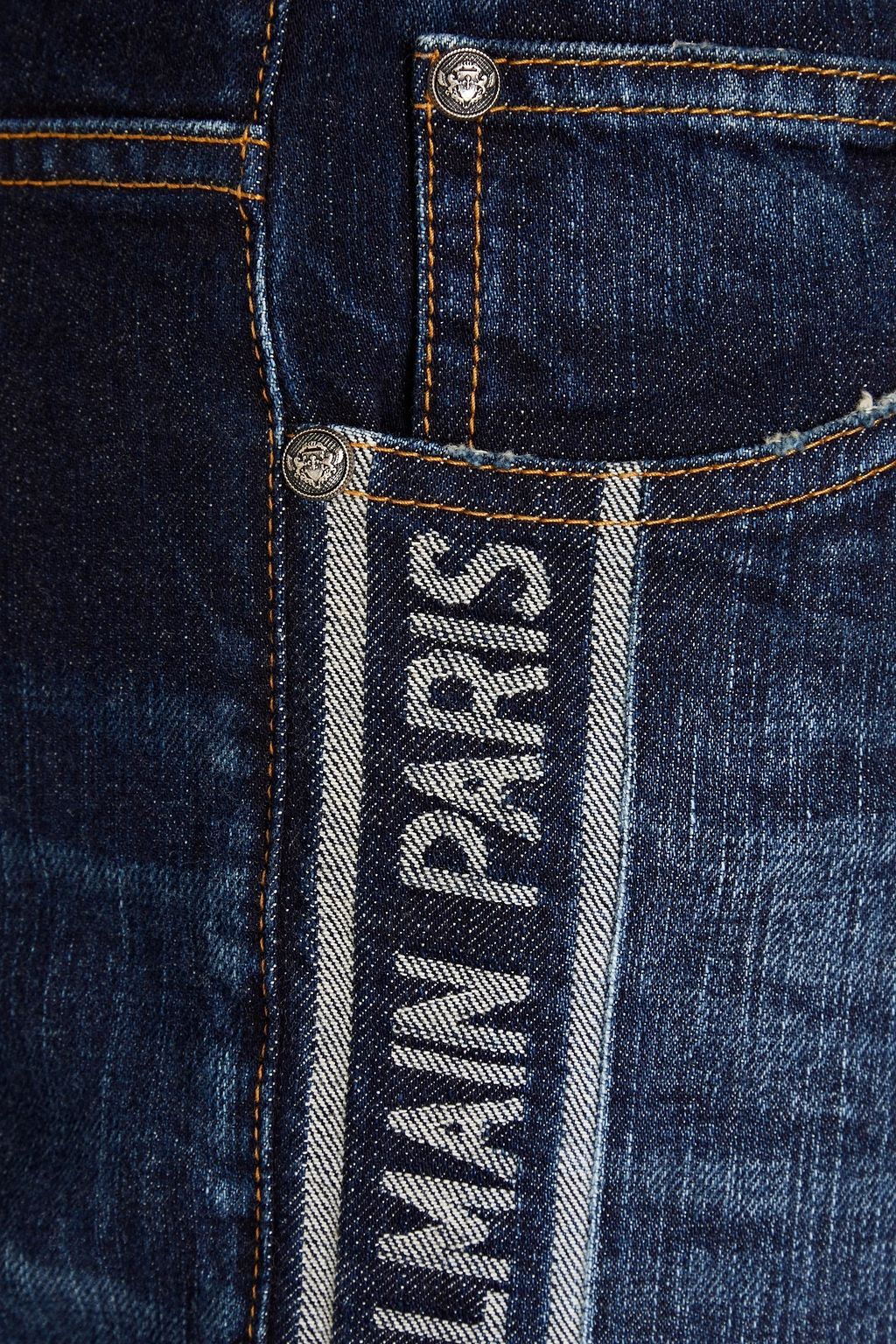 BALMAIN Slim-leg jacquard-trimmed distressed denim jeans