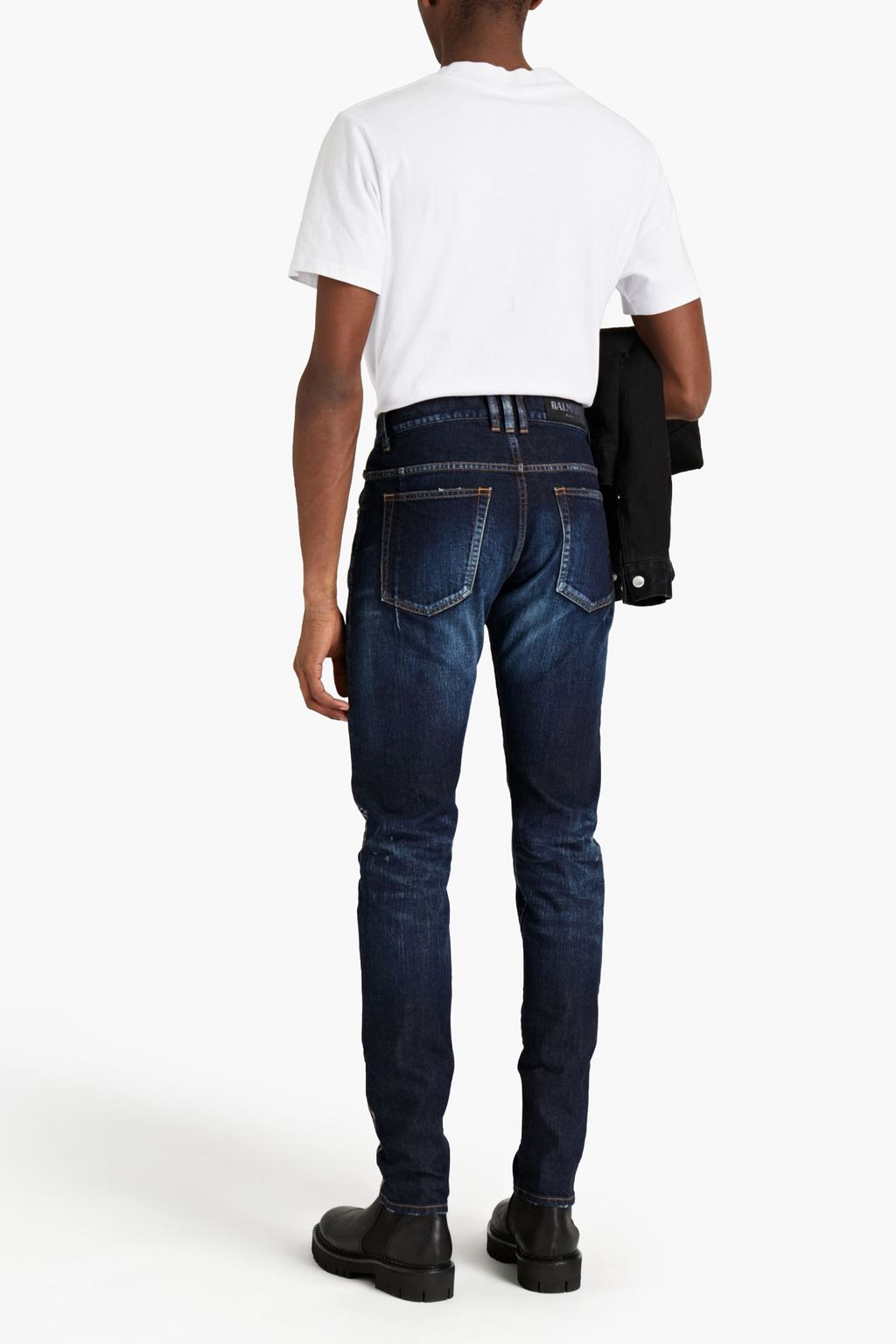 BALMAIN Slim-leg jacquard-trimmed distressed denim jeans
