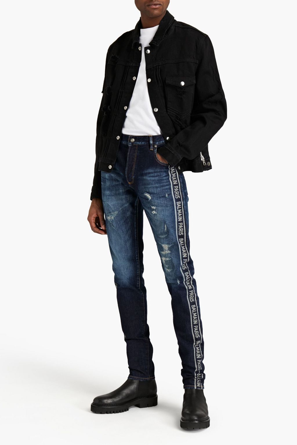 BALMAIN Slim-leg jacquard-trimmed distressed denim jeans