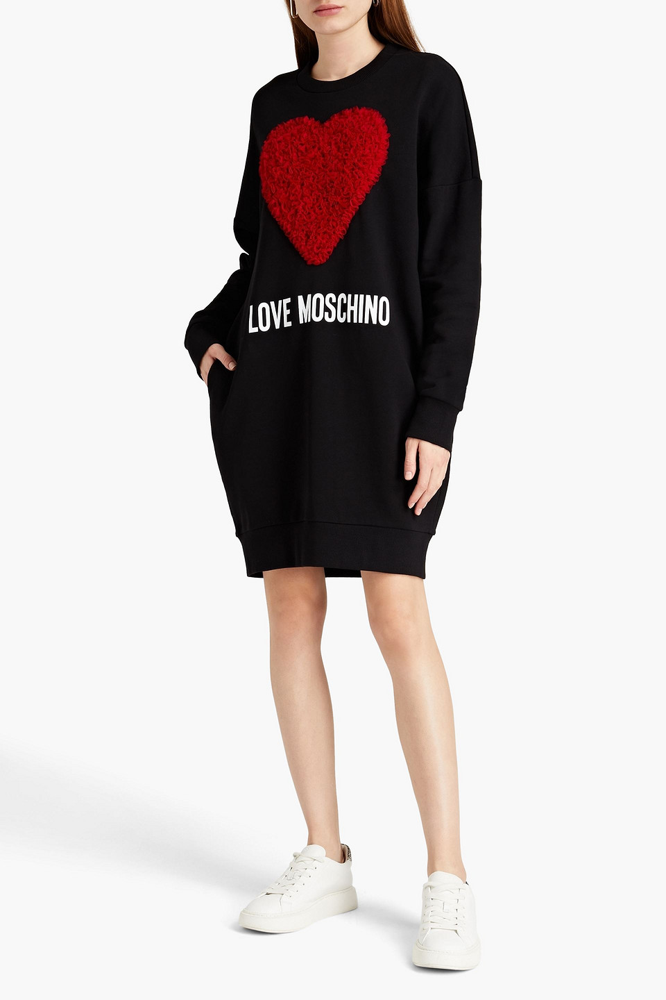 Love Moschino Tulle-appliquéd Printed French Cotton-terry Mini Dress In Black