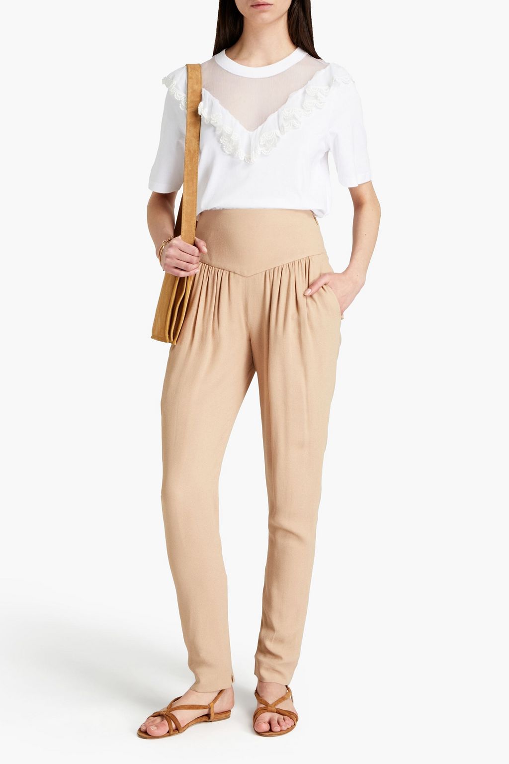 CHLOÉ Tulle-paneled ruffled cotton-jersey top