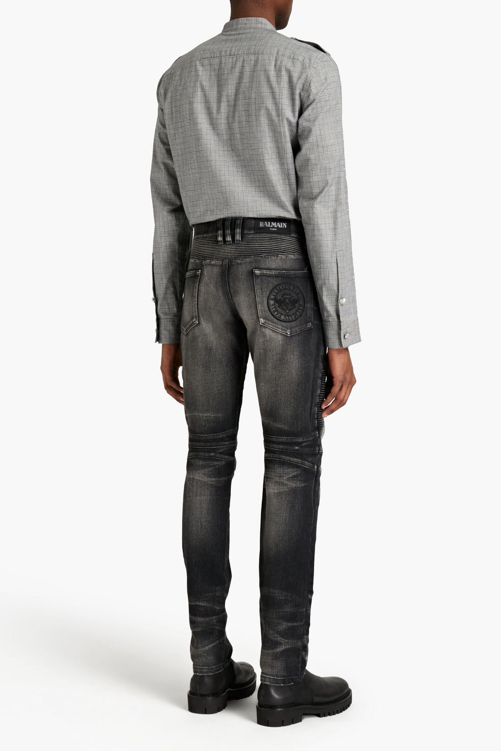 BALMAIN Tapered pintucked faded denim jeans