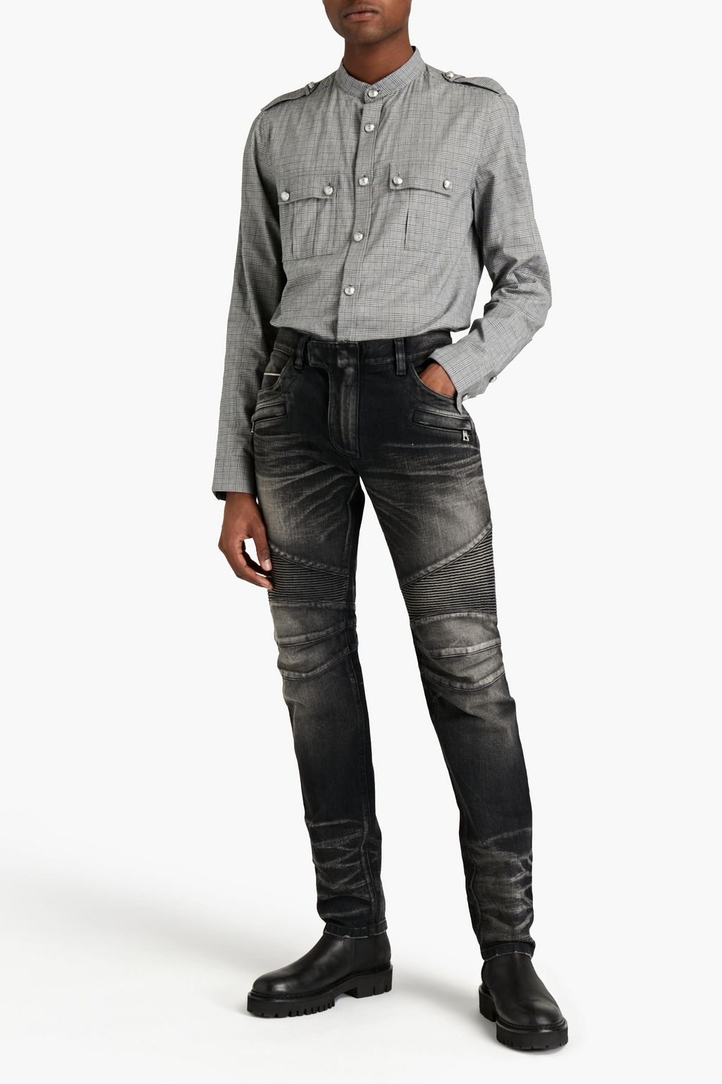 BALMAIN Tapered pintucked faded denim jeans