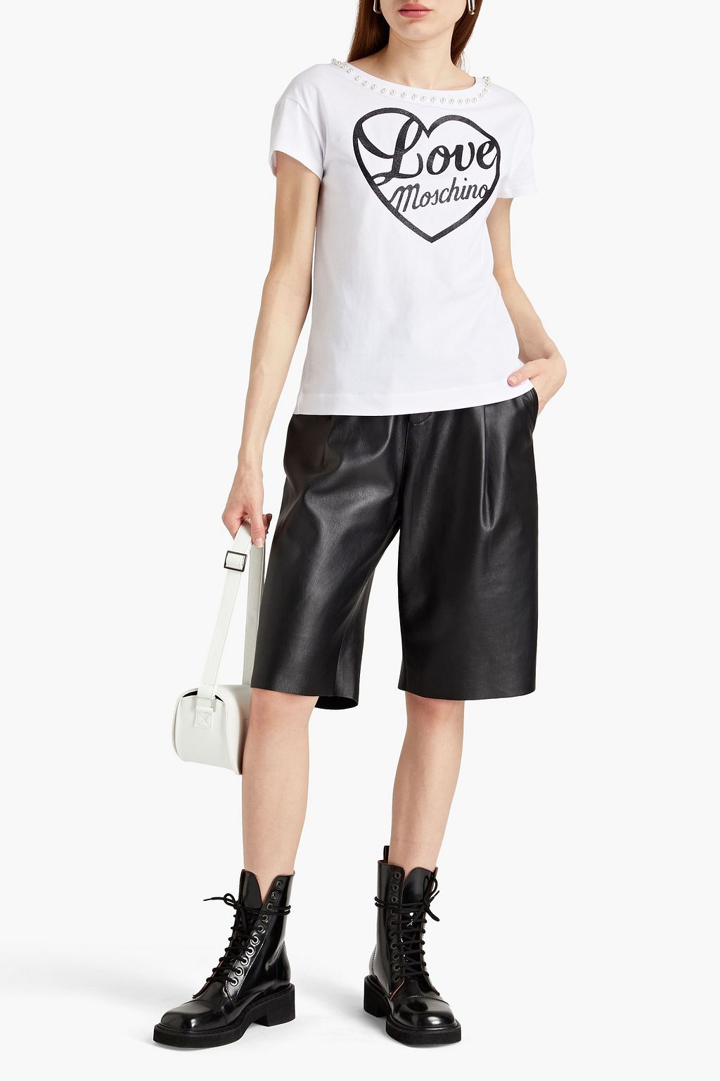 LOVE MOSCHINO Faux pearl-embellished glittered cotton-jersey T-shirt