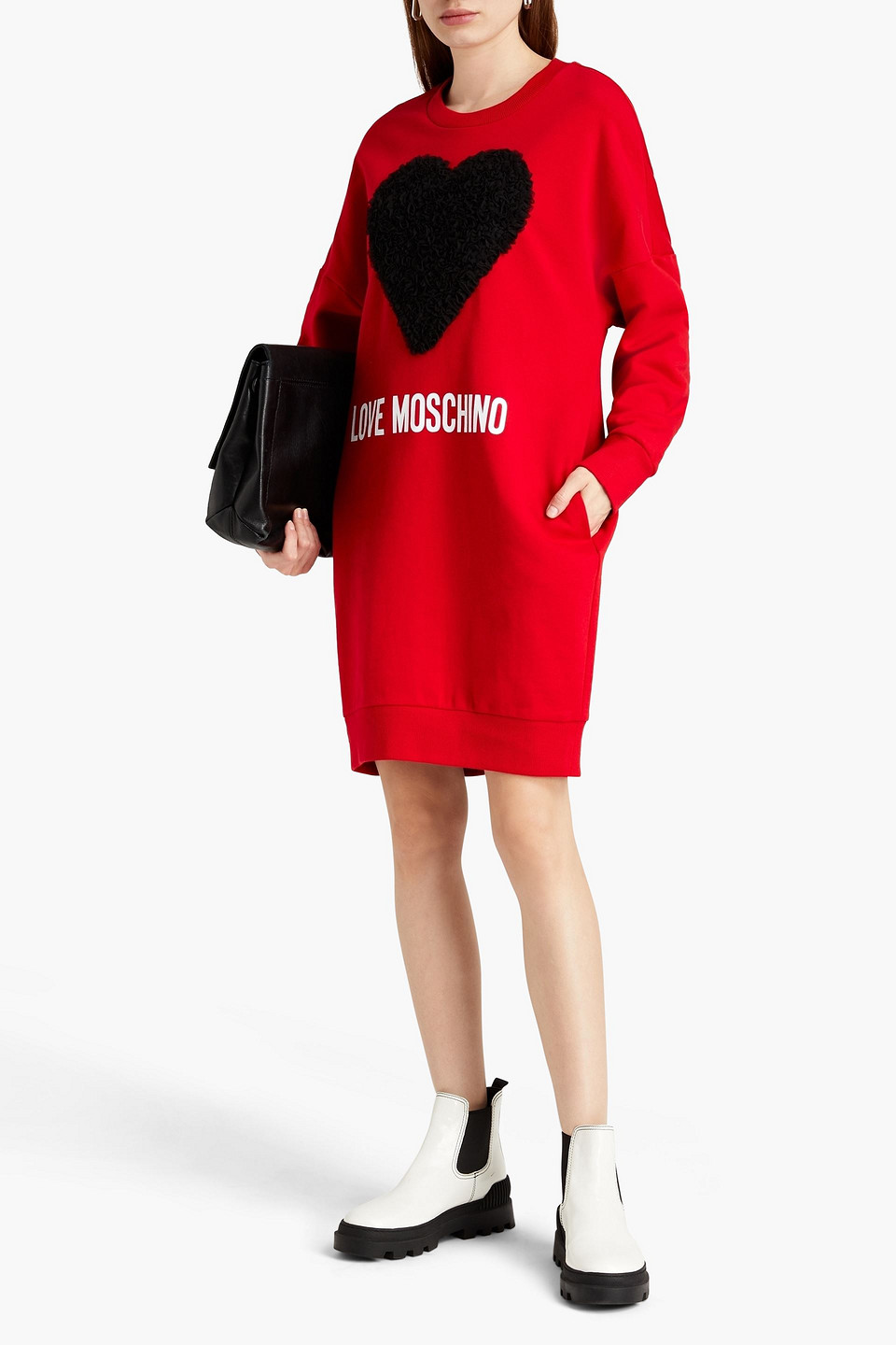 Love Moschino Tulle-appliquéd Printed French Cotton-terry Mini Dress In Red