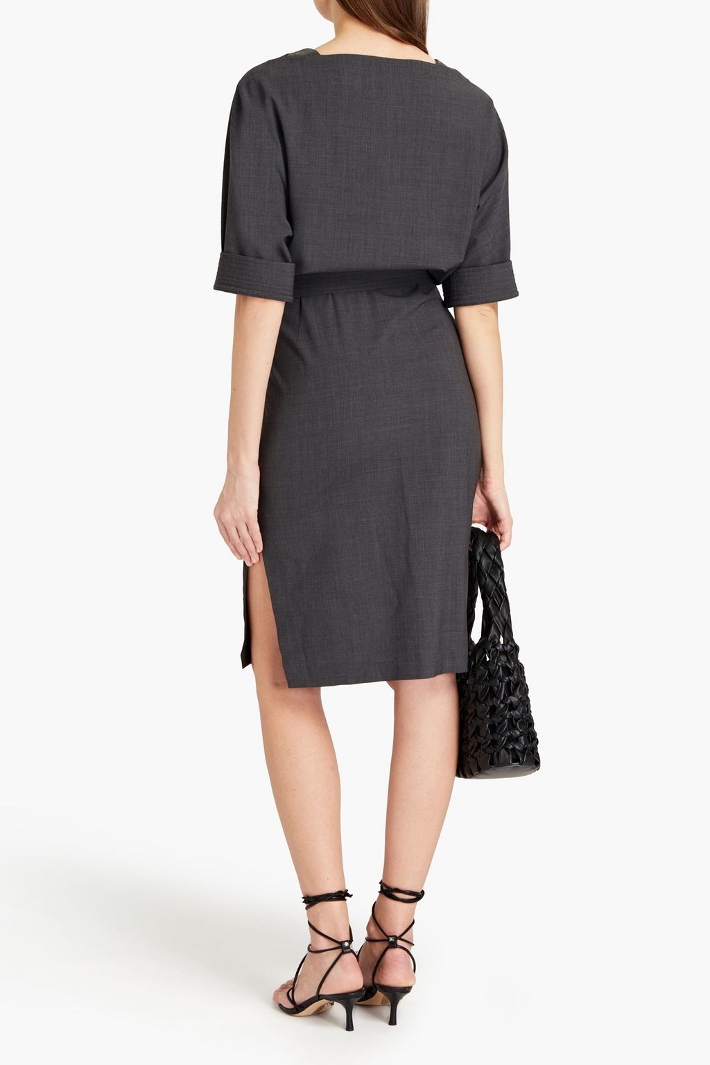 BRUNELLO CUCINELLI Belted bead-embellished wool-blend dress