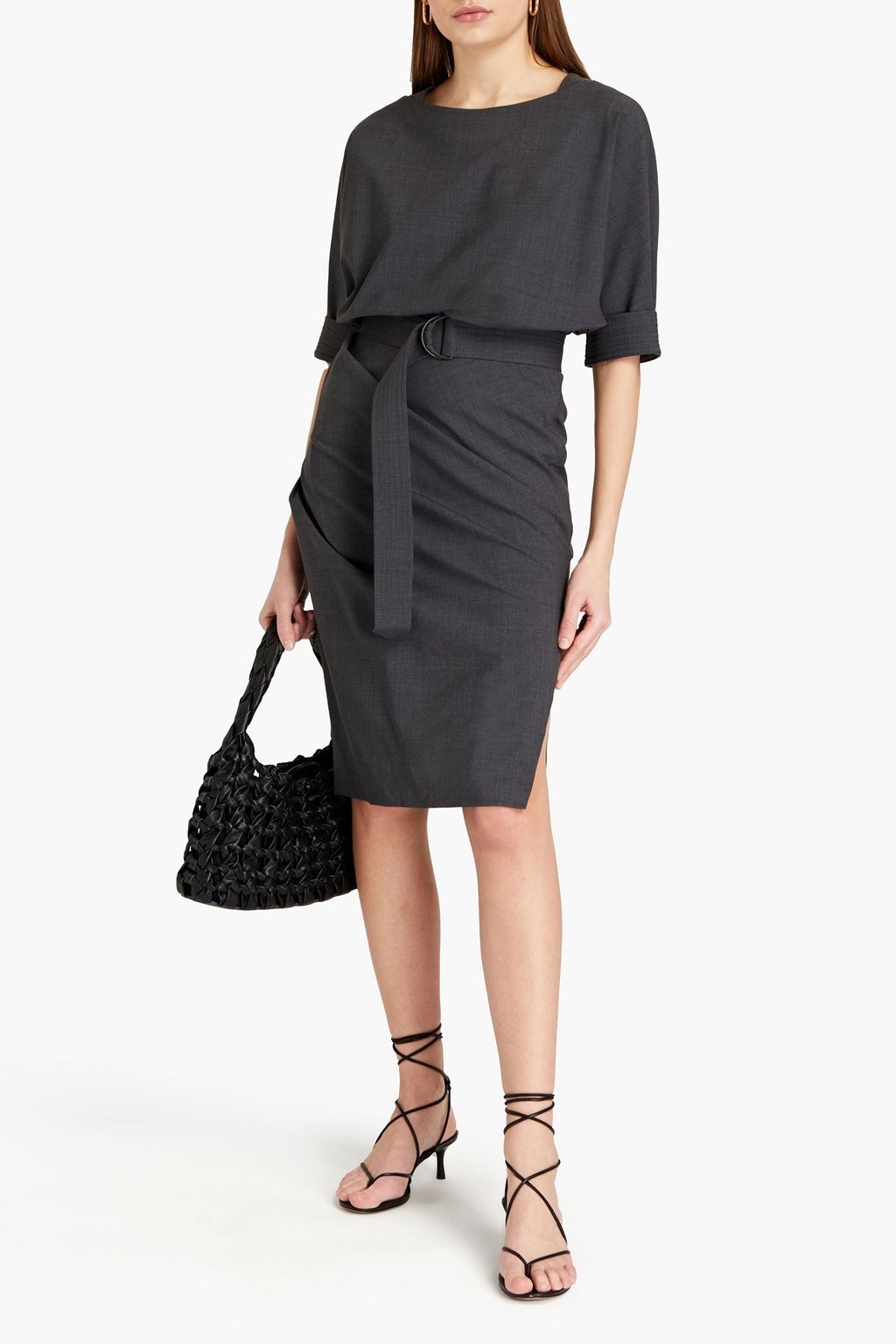 BRUNELLO CUCINELLI Belted bead-embellished wool-blend dress