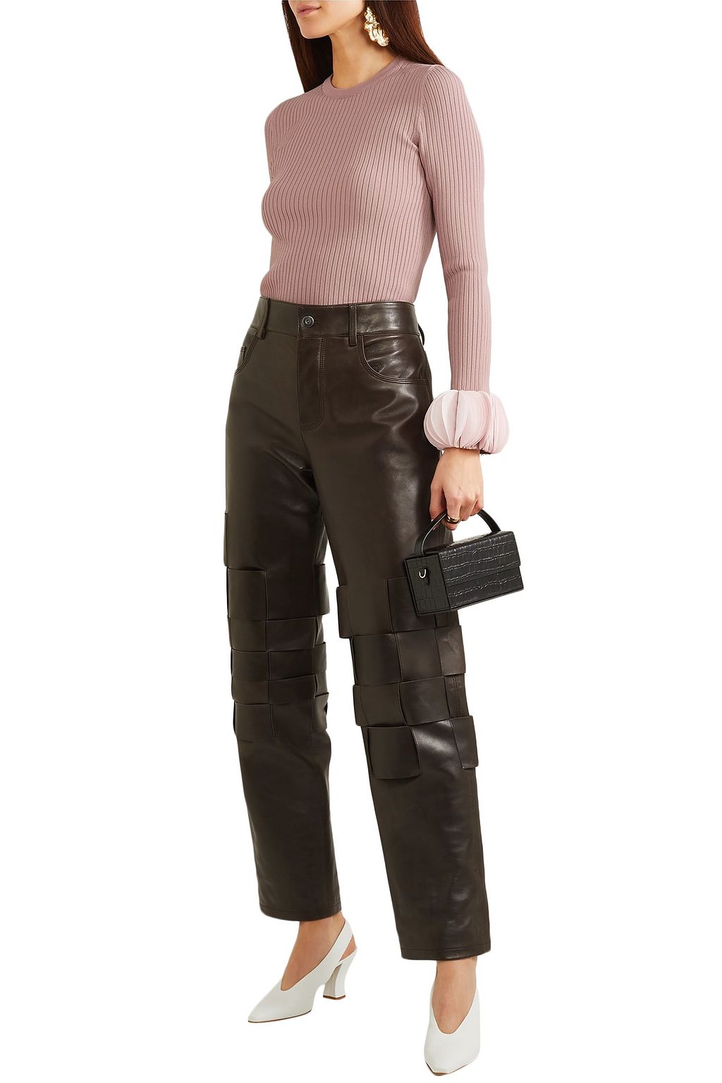 VALENTINO GARAVANI Silk georgette-trimmed ribbed stretch-knit sweater