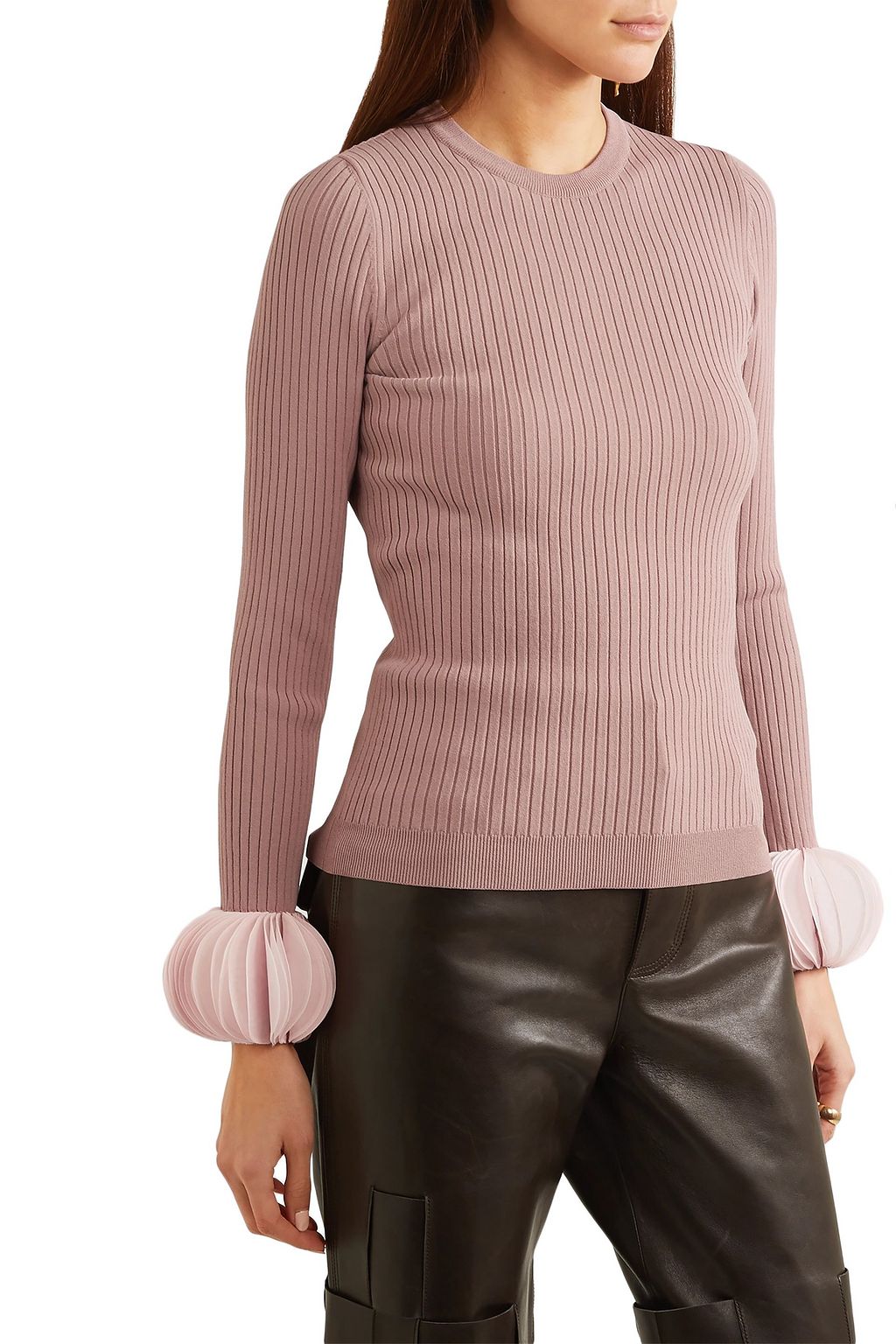 VALENTINO GARAVANI Silk georgette-trimmed ribbed stretch-knit sweater