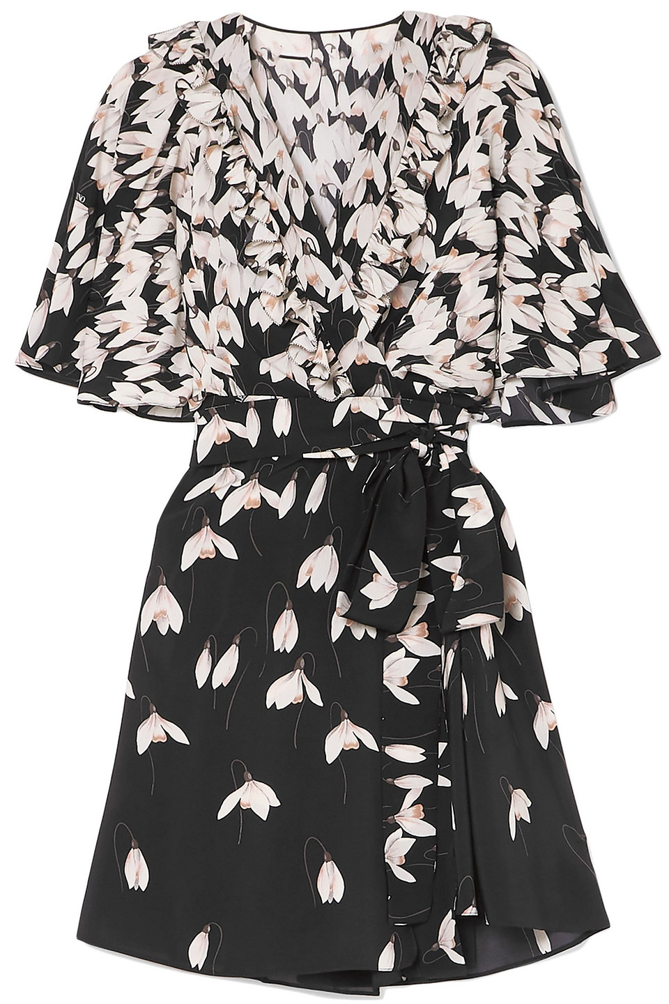 Valentino Woman Ruffled Floral-print Silk Crepe De Chine Mini Wrap Dress Black Size 38