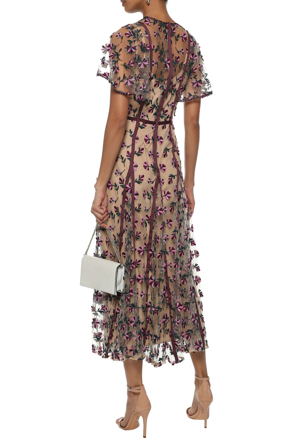 LELA ROSE Satin-trimmed embroidered tulle midi dress