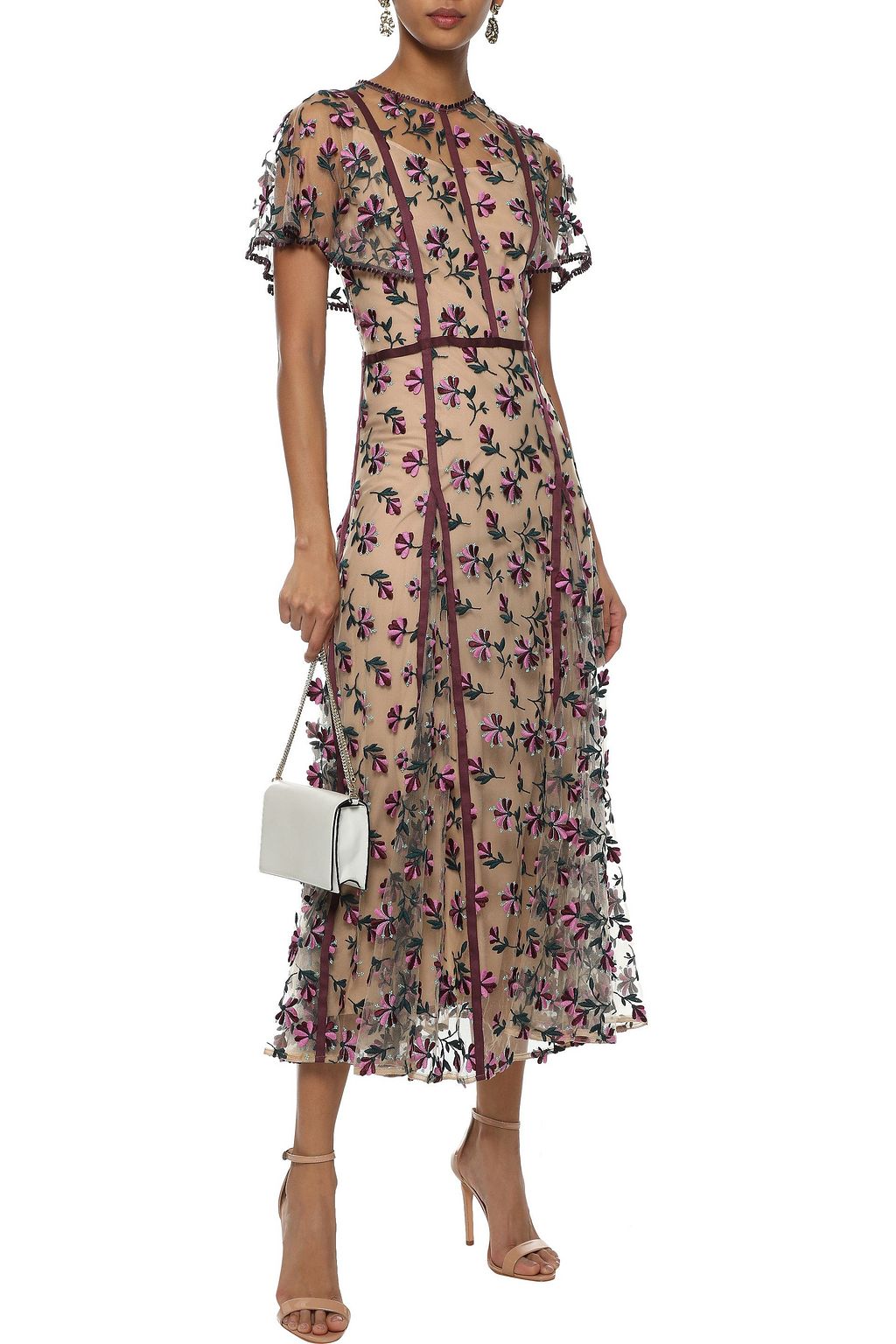 LELA ROSE Satin-trimmed embroidered tulle midi dress