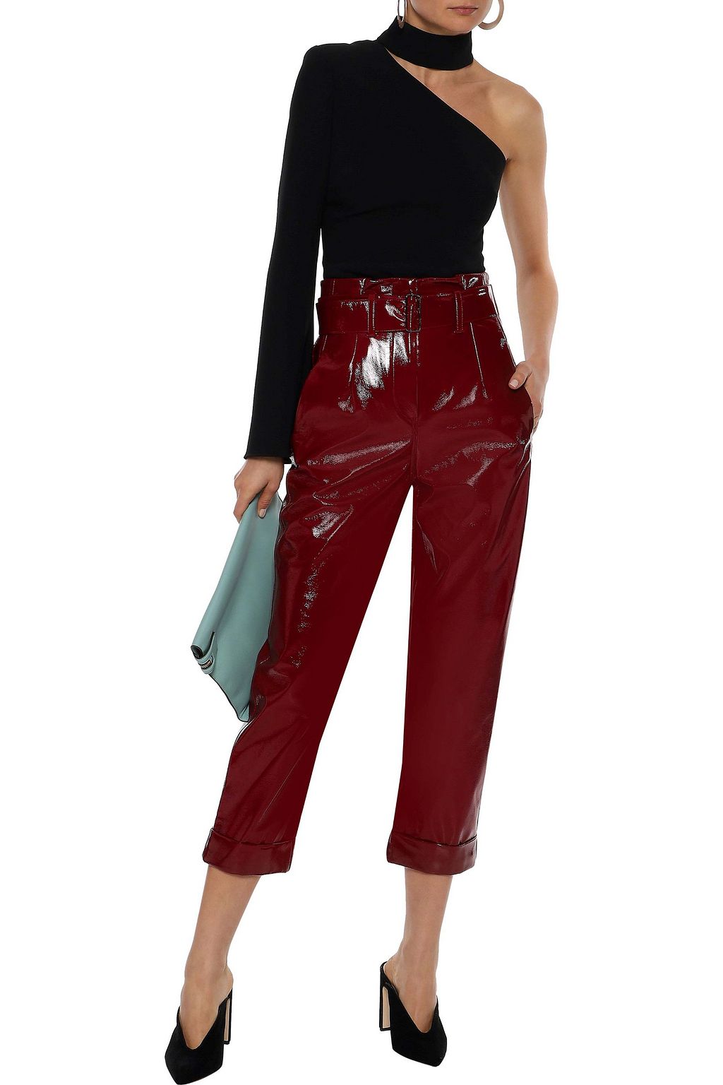 NICHOLAS Belted crinkled-vinyl straight-leg pants