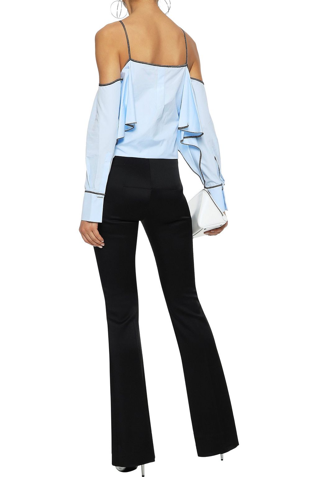 MUGLER Cold-shoulder ruffled cotton-poplin top