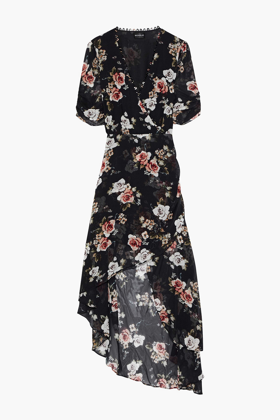 Nicholas Woman Asymmetric Wrap-effect Floral-print Silk-georgette Dress Black Size 6