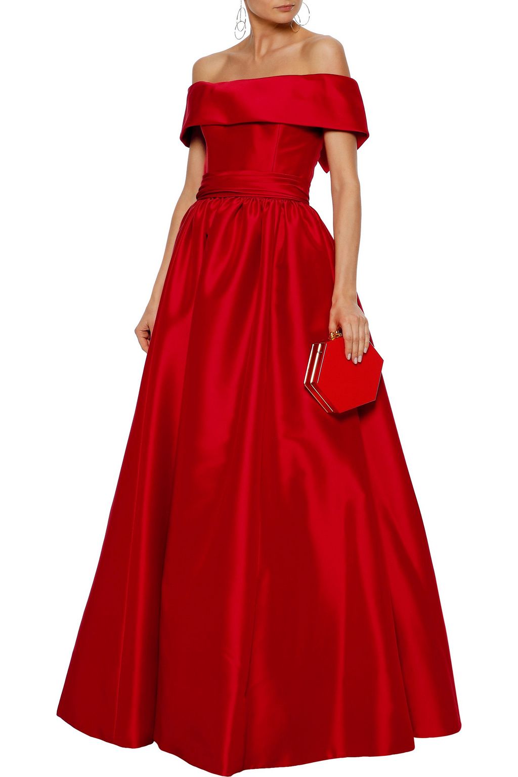 REEM ACRA Off-the-shoulder gathered duchesse-satin gown