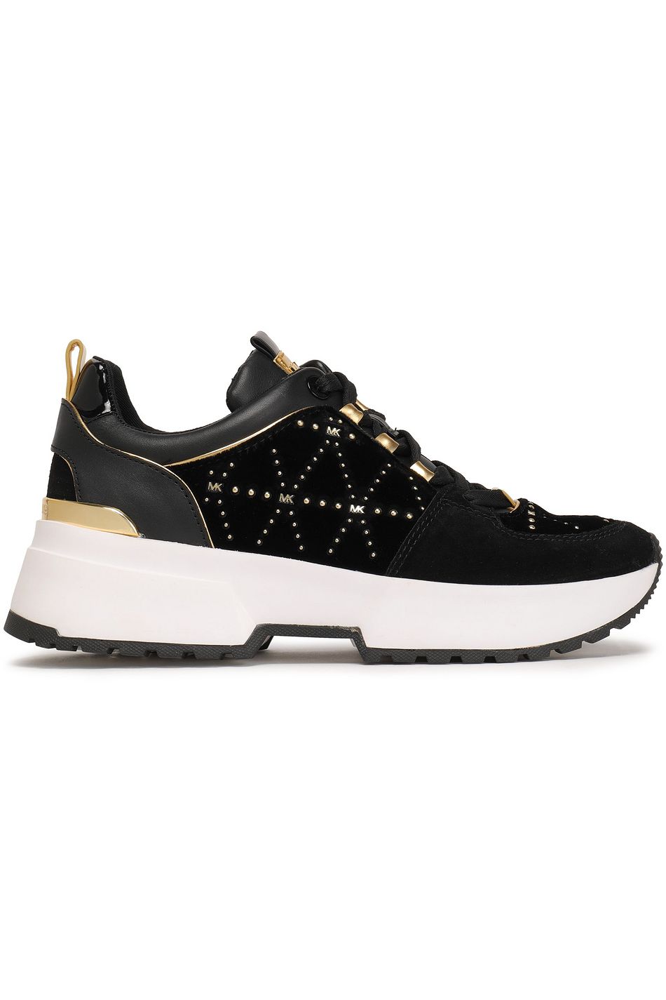 Black Cosmo Studded Leather And Velvet Paneled Sneakers Sale Up