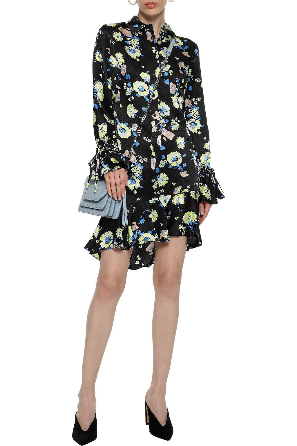 DEREK LAM 10 CROSBY Ruffle-trimmed floral-print hammered-silk mini dress