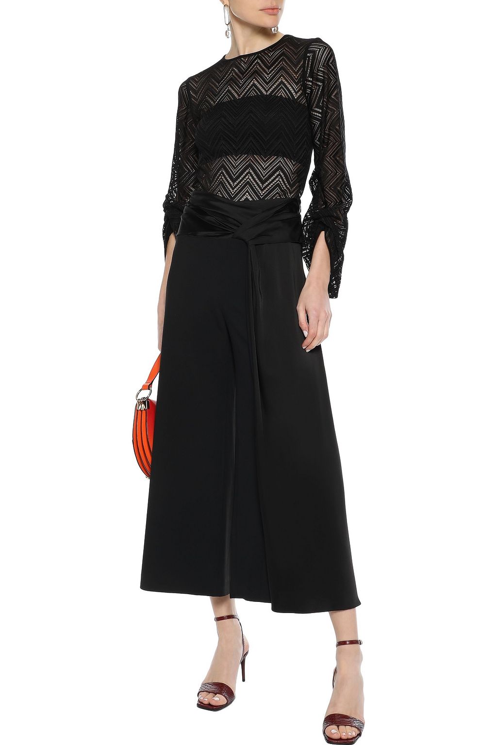 SIMKHAI Tie-front satin-trimmed stretch-crepe culottes