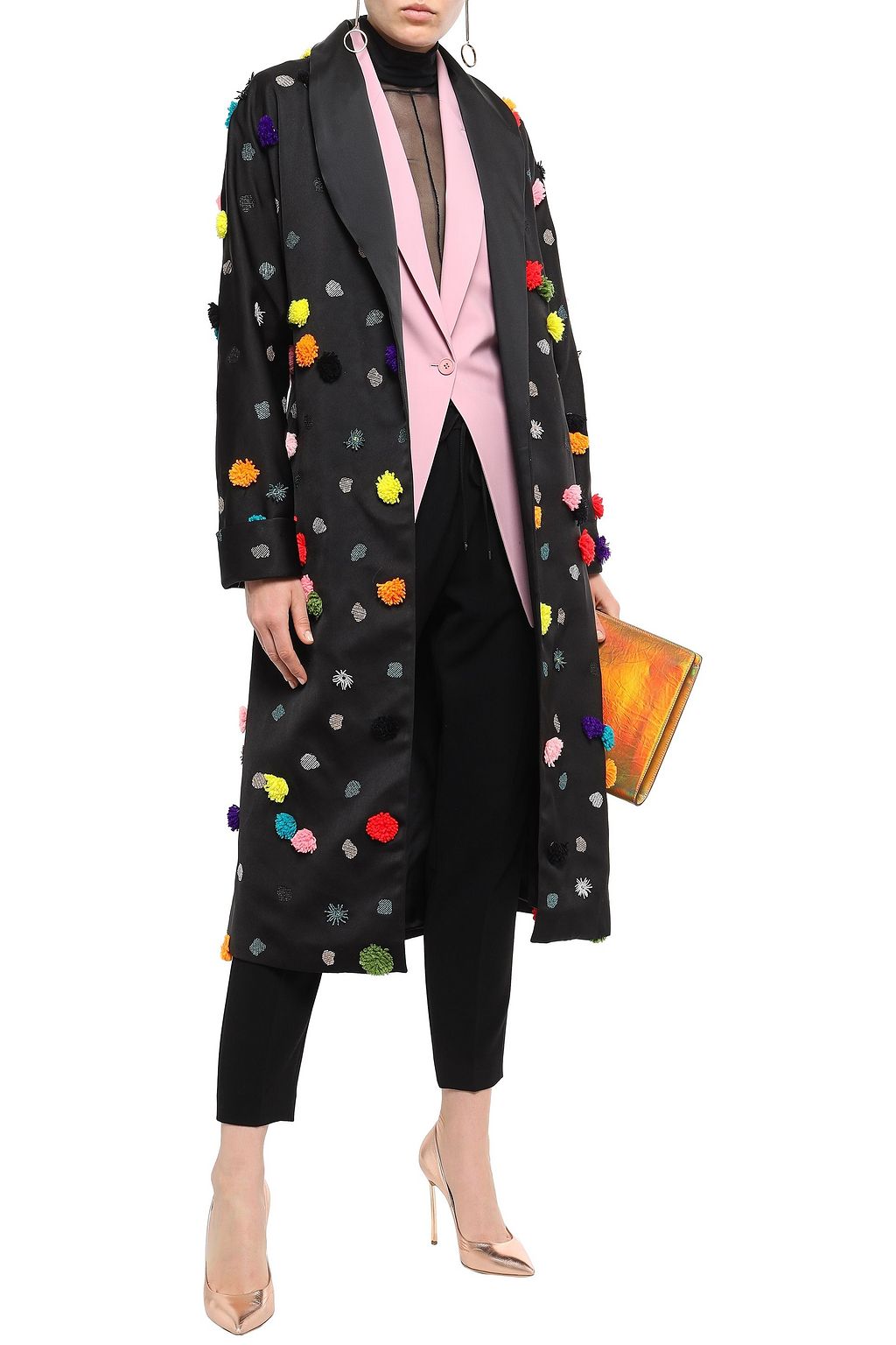 OSMAN Pompom-embellished embroidered satin-twill coat