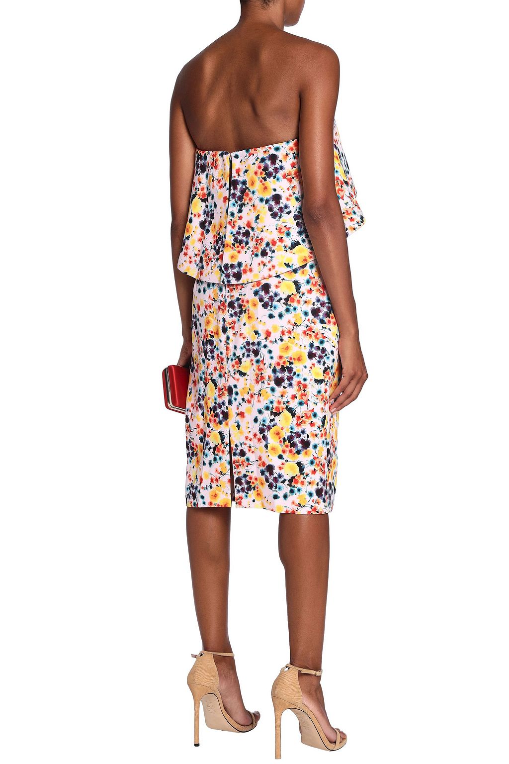 BADGLEY MISCHKA Strapless layered floral-print crepe dress