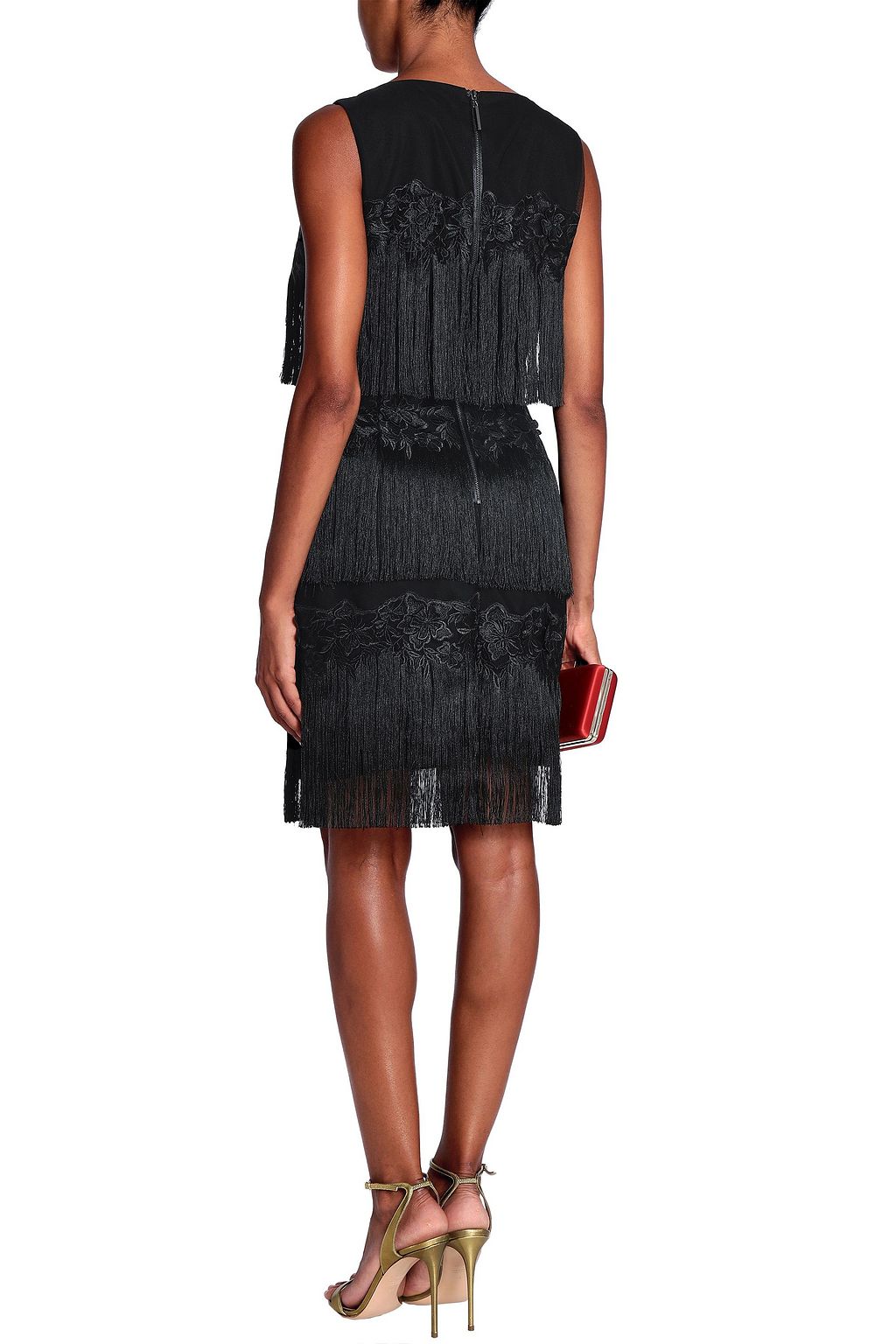 BADGLEY MISCHKA Fringed embroidered tulle dress