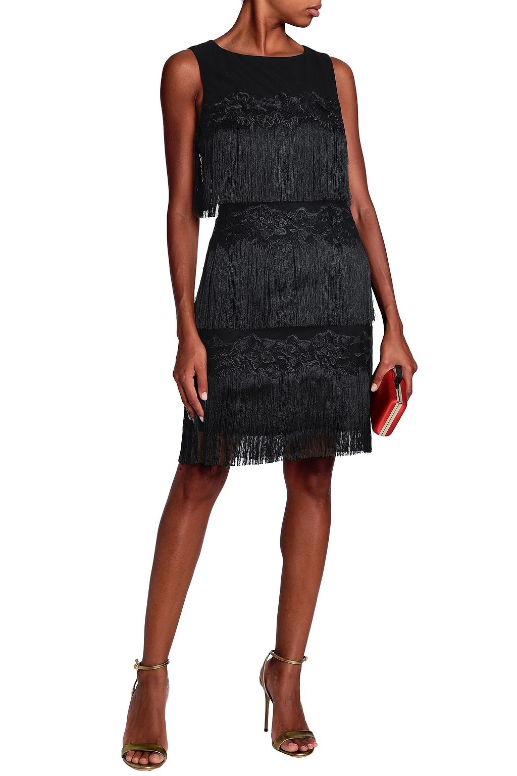 BADGLEY MISCHKA Fringed embroidered tulle dress