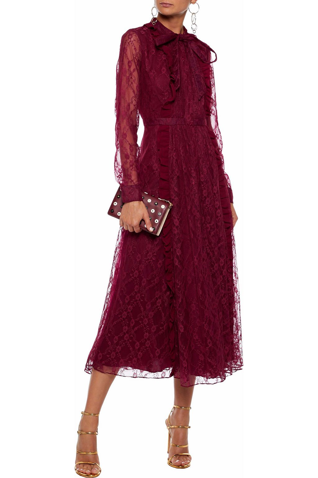 MIKAEL AGHAL Pussy-bow ruffle-trimmed lace midi dress
