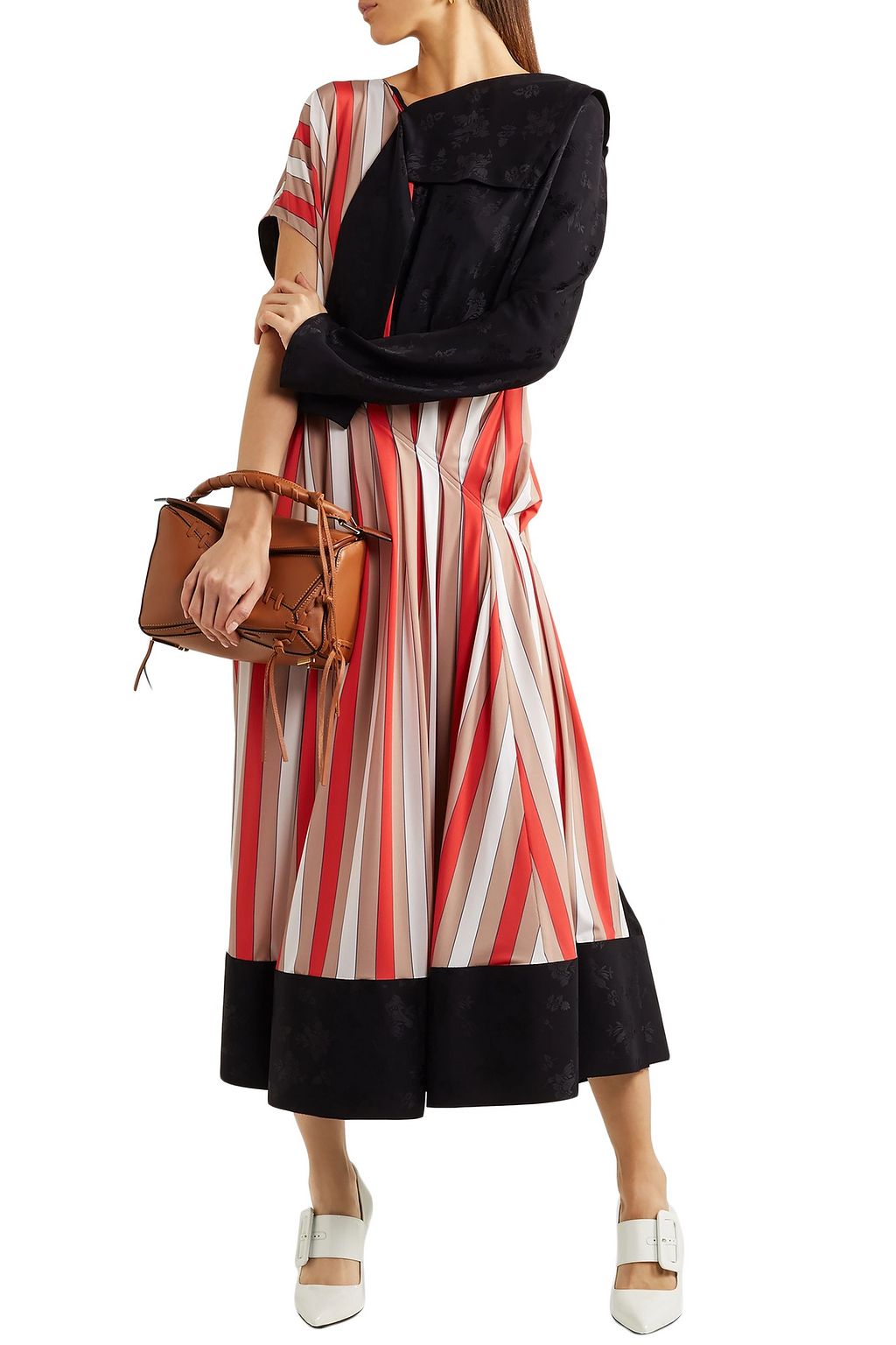 LOEWE Paneled striped crepe and jacquard midi dress