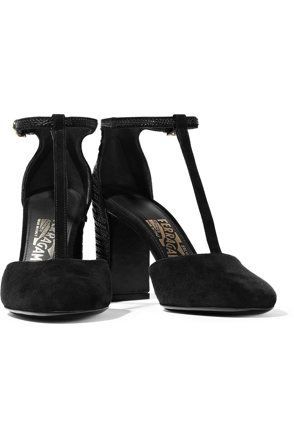 FERRAGAMO Fergie leather-trimmed suede T-bar pumps
