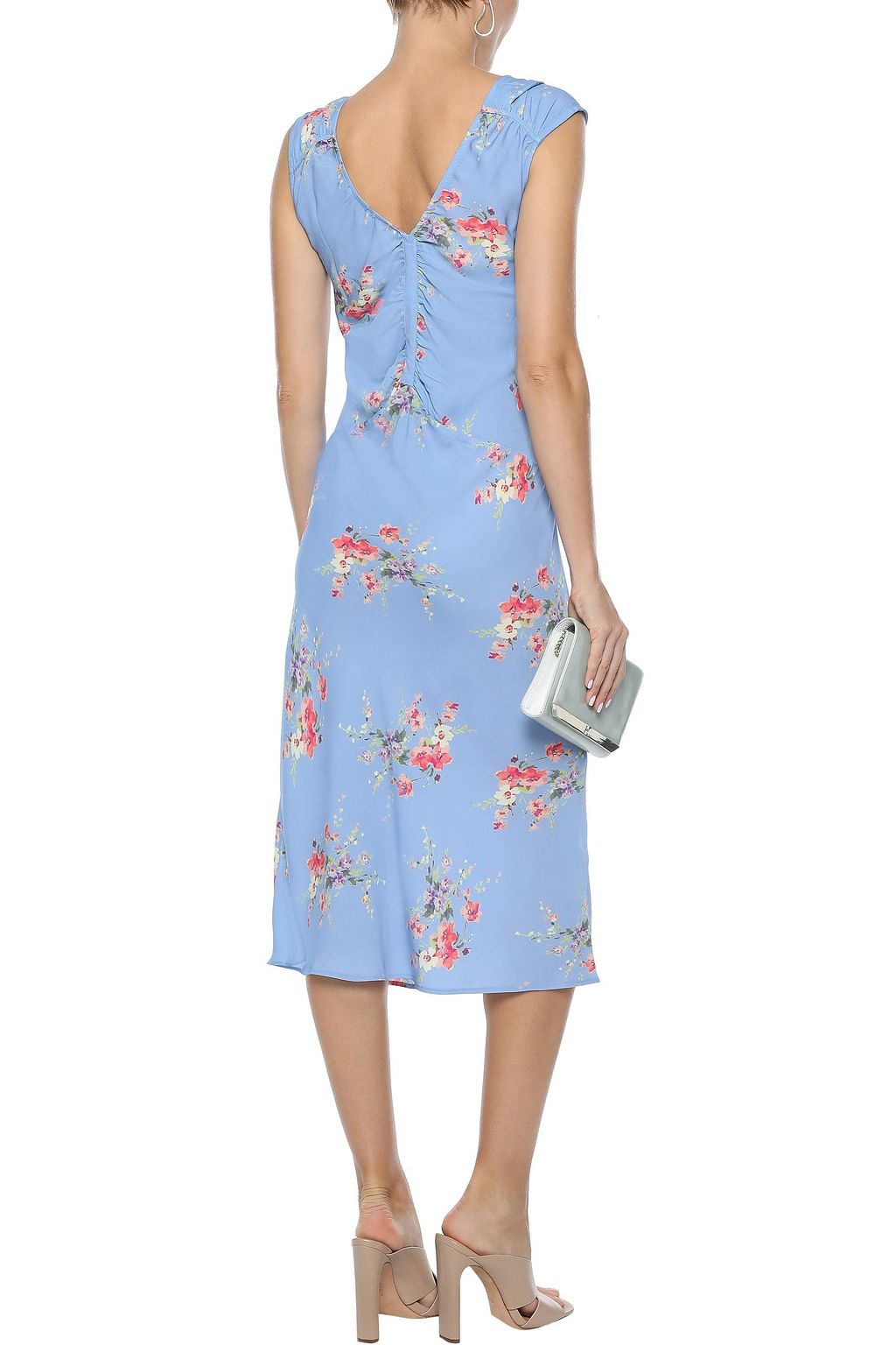 LOVE SAM Ruched floral-print crepe de chine midi dress