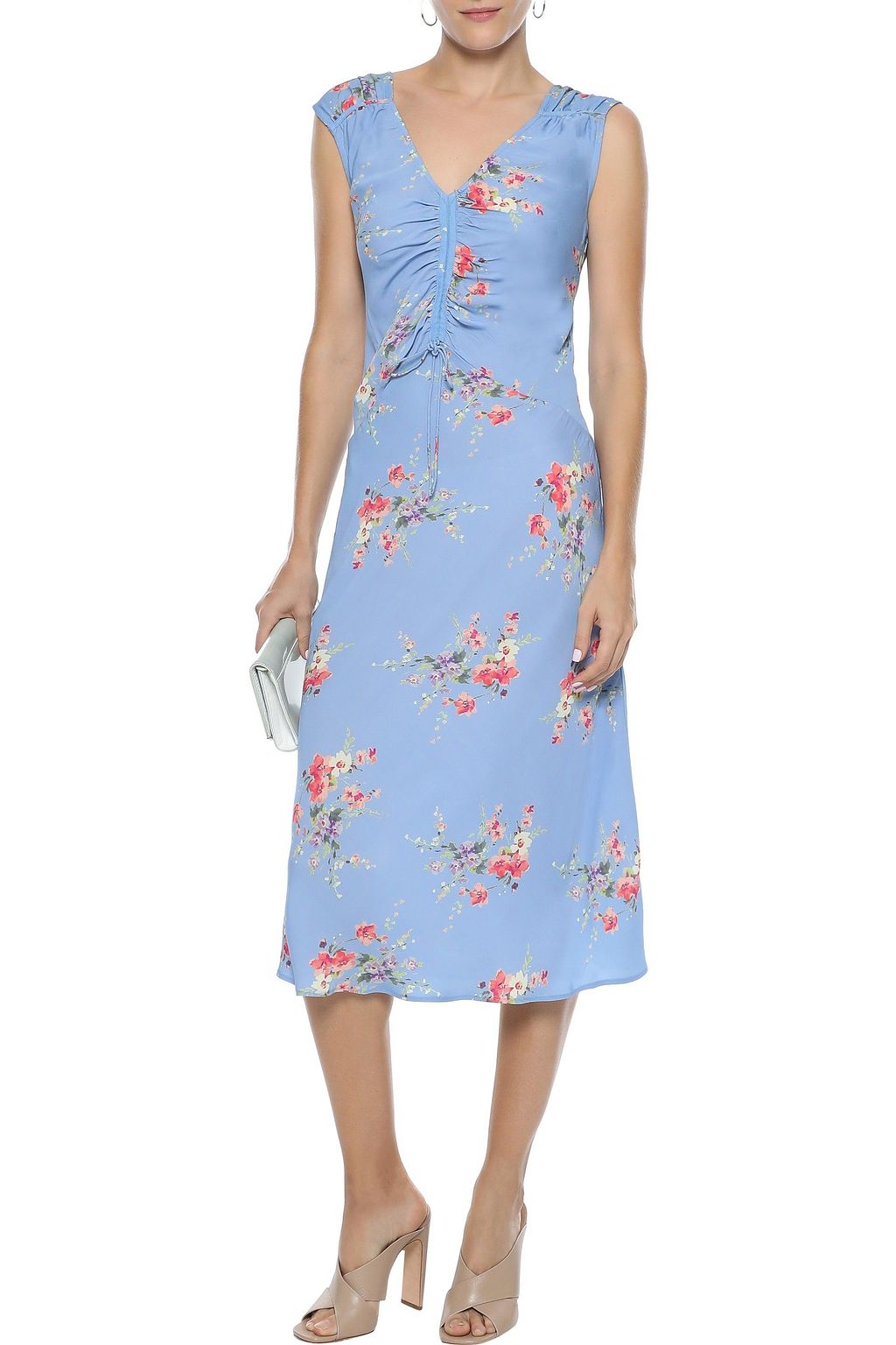 LOVE SAM Ruched floral-print crepe de chine midi dress